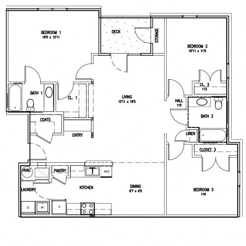 Floor plan for 3 beds, 2 baths, 1424 sqft